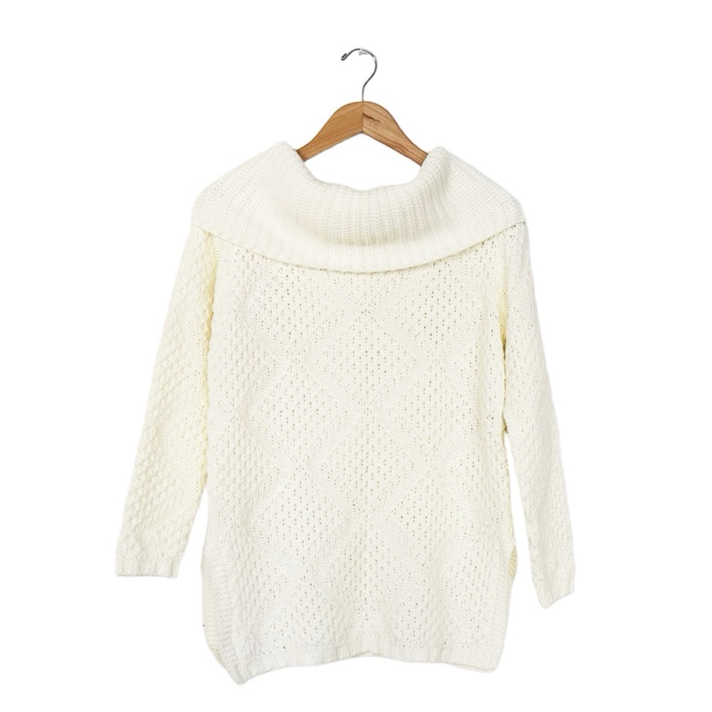 ivory knit wide cowl cozy turtleneck sweater - white boat neck